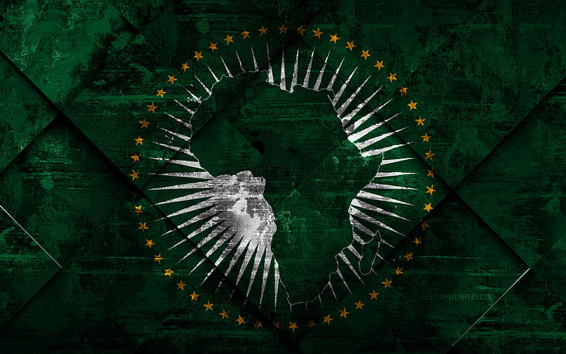 Flag of African Union grunge art, rhombus grunge texture, African Union flag, Africa, international organizations, African Union, creative art, HD wallpaper