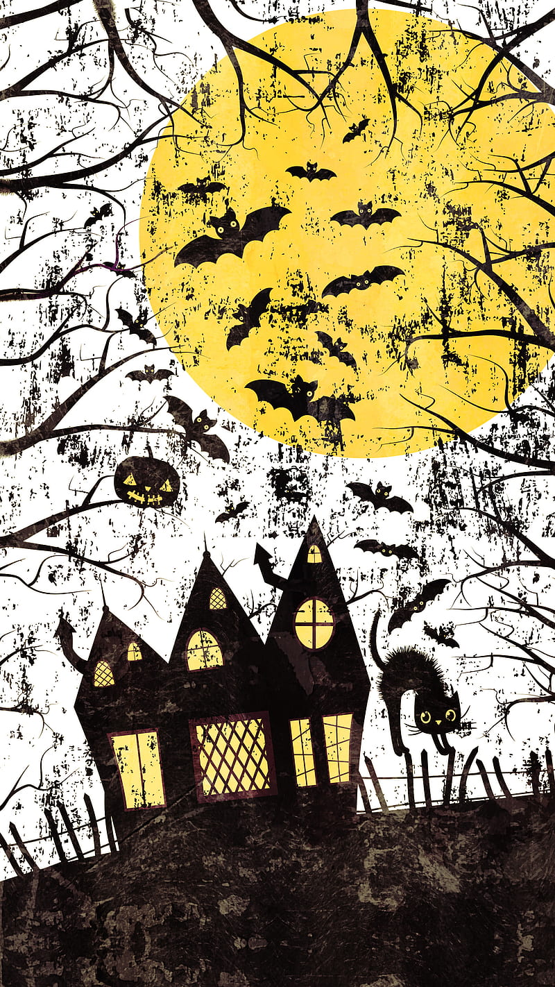 Cute Creepy Halloween, Adoxali, October, autumn, background, bat, black, castle, cat, day of the dead, evil, fence, flying, fright, glowing, haunted, horror, house, illustration, light, lit, mansion, moon, night, party, pumpkin, scary, scene, silhouette, spooky, treat, tree, trick, HD phone wallpaper