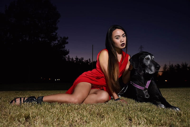 Tracie Dang-Perez, red dress, posing with Black Labrador, roman style cuff sandals, dark brunette, trees, HD wallpaper