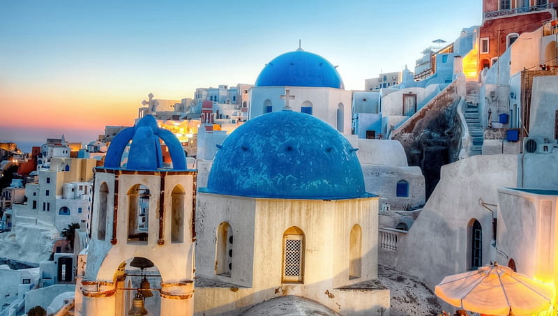 blue domes on a church in a greek town, mountain, church, domes, town, HD wallpaper