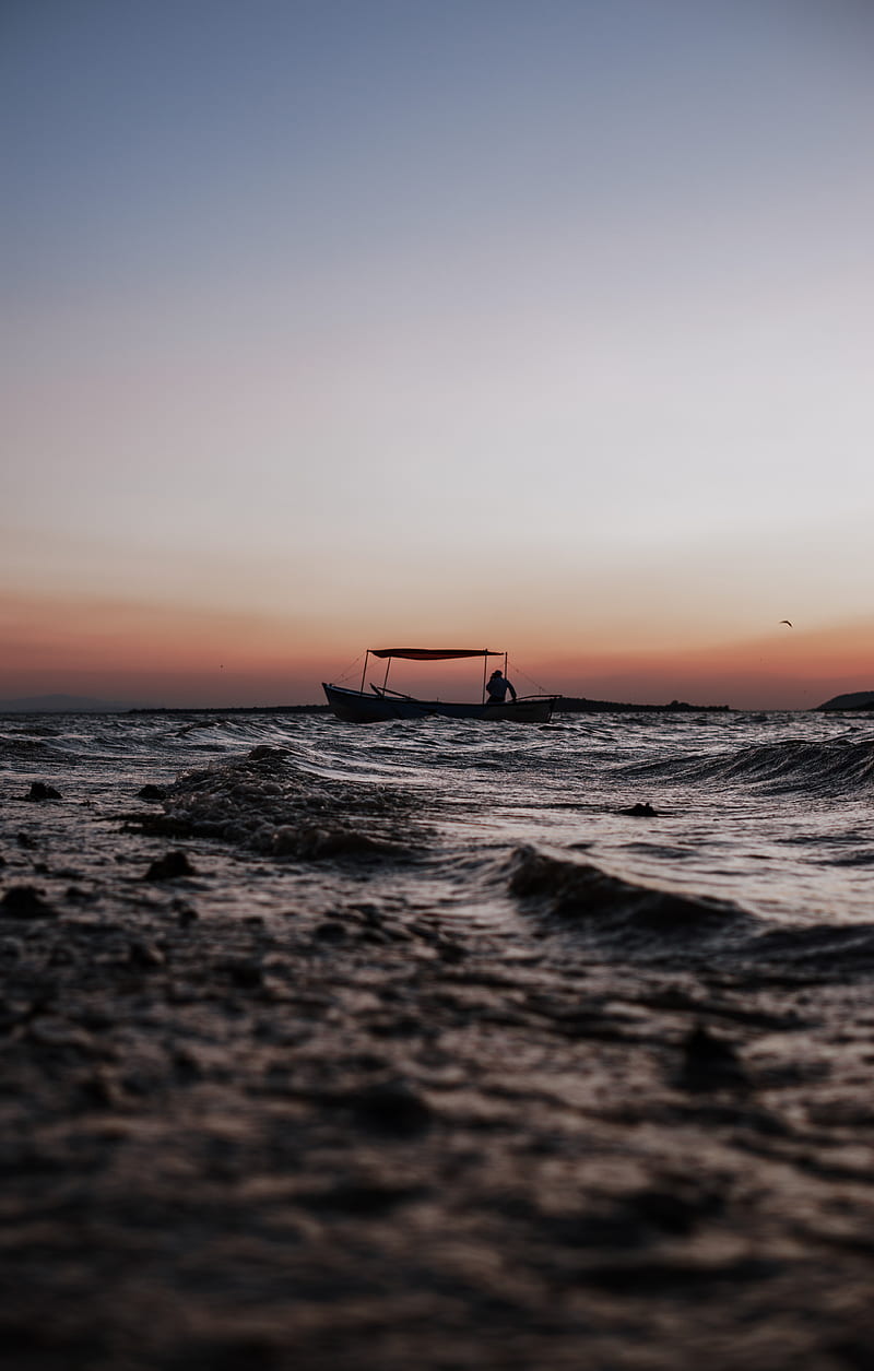 sea, waves, boat, silhouette, dark, dusk, HD phone wallpaper