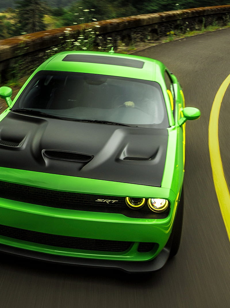 Dodge Challenger, car, green, road, HD phone wallpaper