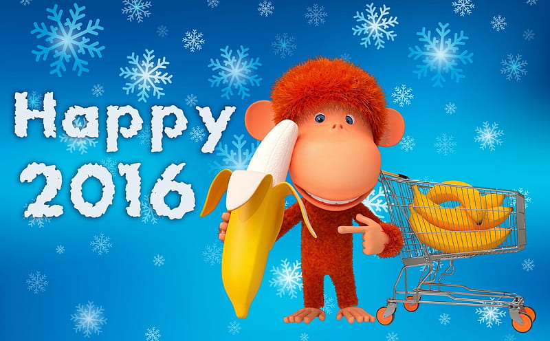 Happy 2016!, red, 2016, zodiac, yellow, new year, animal, fruit, monkey, chinese, banana, blue, HD wallpaper
