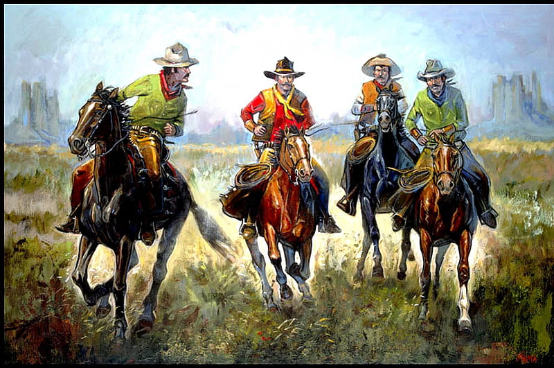 Old West Cowboys, desert, riding, horses, cowboys, HD wallpaper