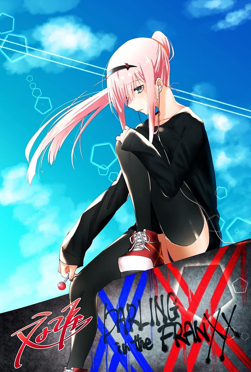 Zero Two (Darling in the FranXX), Black clothes, pink hair, graffiti, anime, HD phone wallpaper