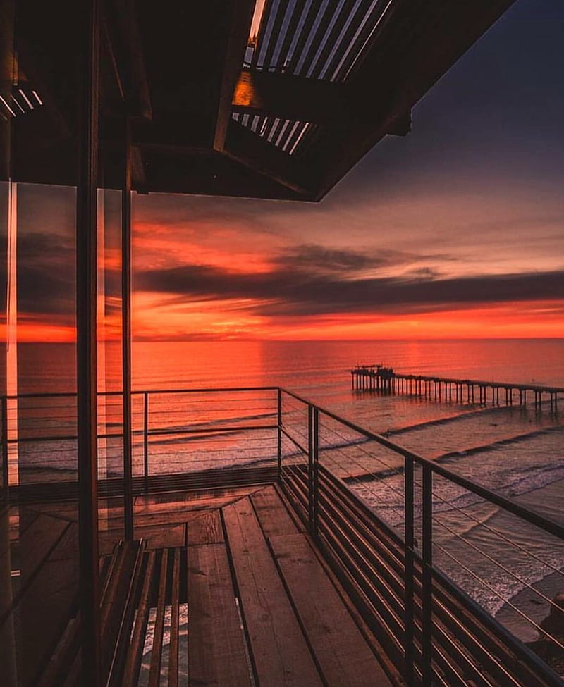 Sunset, beach, beach house, ocean, red, sunsets, HD phone wallpaper