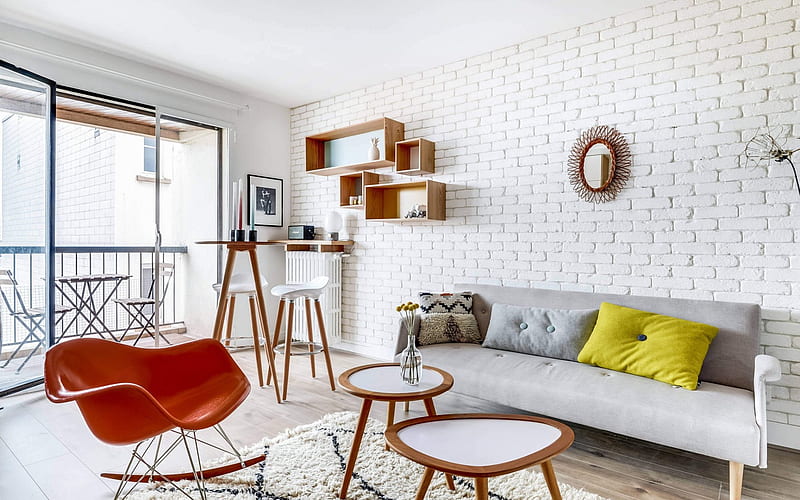 stylish interior, living room, modern design, white walls, HD wallpaper