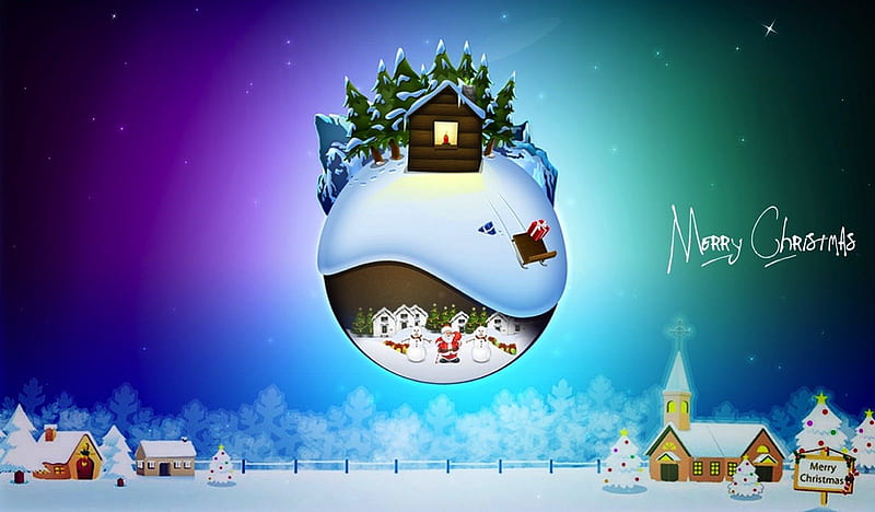 Christmas Special, globe, candle, house, christmas, church, trees, snowman, sled, santa, merry christmas, snow, presents, HD wallpaper