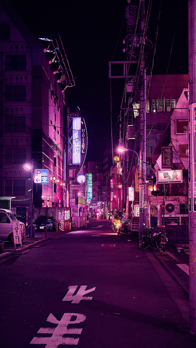 street , neon, night city, backlight, purple, tokyo, HD phone wallpaper