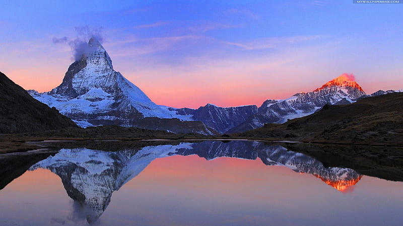 Lake Reflection, red, bonito, sunset, sky, lake, winter, snow, mountains, evening, reflection, blue, HD wallpaper