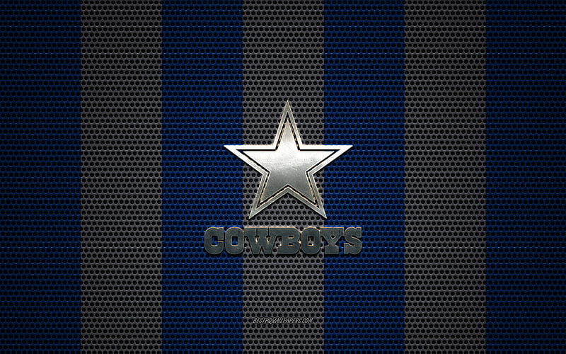 Dallas Cowboys logo, American football club, metal emblem, blue white metal mesh background, Dallas Cowboys, NFL, Irving, Texas, USA, american football, HD wallpaper