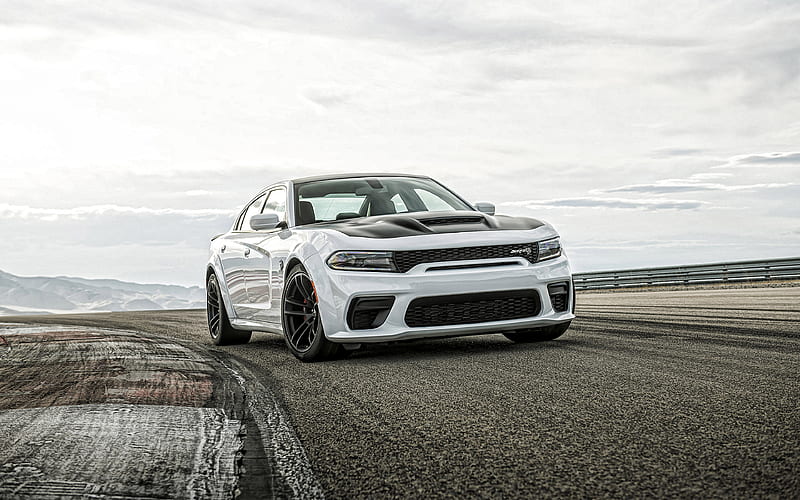 2021, Dodge Charger SRT, Hellcat Redeye front view, exterior, new white Charger SRT, black wheels, tuning Charger, american cars, Dodge, HD wallpaper