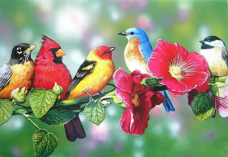 Birds on spring branch, pretty, colorful, art, lovely, robin, bonito, spring, joy, branch, bluebird, cardinals, nice, chickadee, painting, friends, HD wallpaper