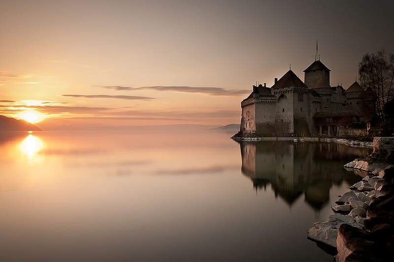 Sunset, Castles, Reflection, Switzerland, , Veytaux, Château De Chillon, HD wallpaper