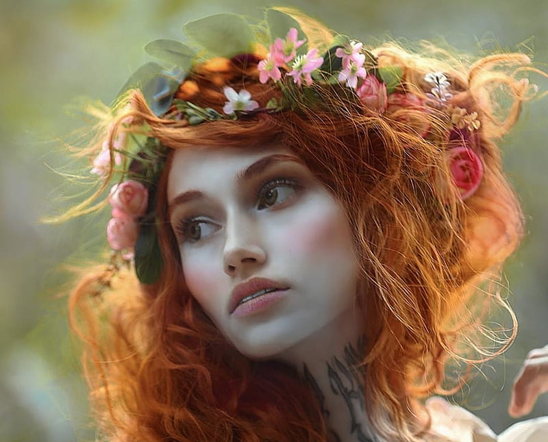 Beauty Wreath Redhead Girl Model Flower Face A M Lorek Woman