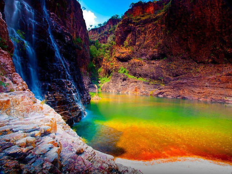 Beautiful waterfall, water, rock, beautiful natural phenomenon, beautiful colors, color, lights, HD wallpaper