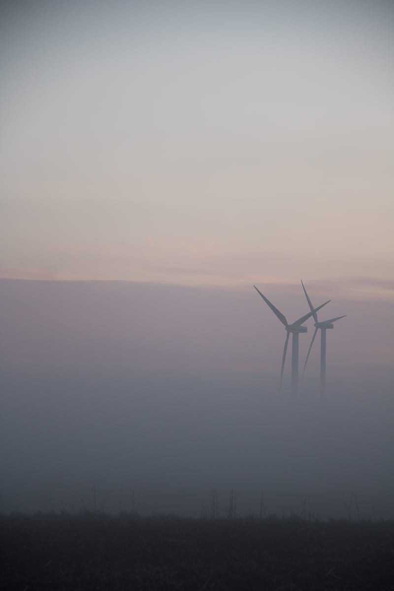 windmills, fog, field, minimalism, HD phone wallpaper