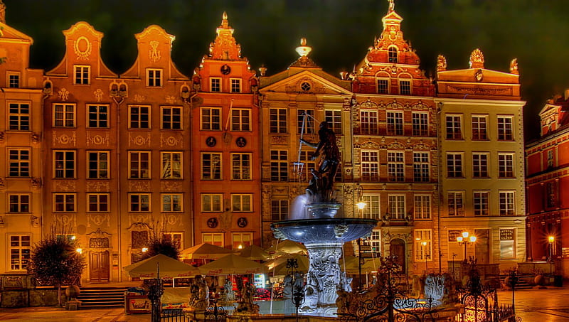 poseidon fountain in gdansk city square, fountain, city, statue, square, night, HD wallpaper