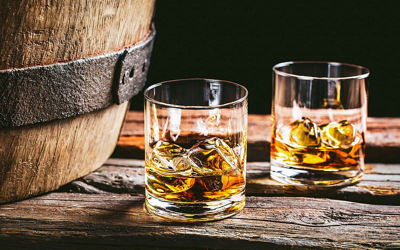 whiskey on ice, wood barrel, whiskey glasses, ice cubes, whiskey, HD wallpaper