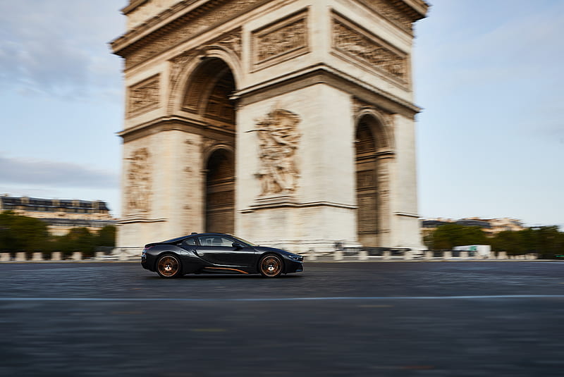 BMW, BMW i8, Arc de Triomphe, Black Car, Paris, Sport Car, Supercar, HD wallpaper