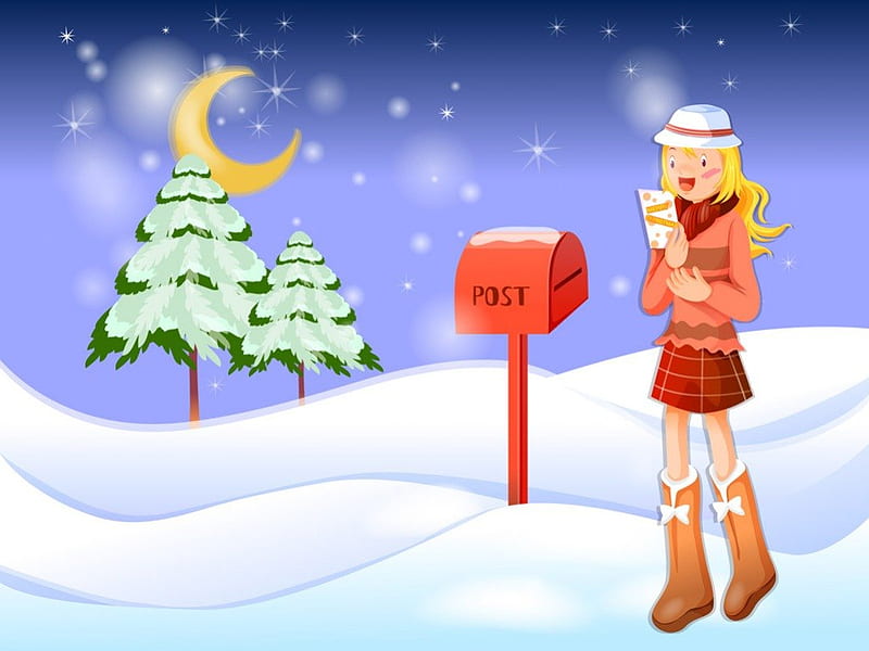 Letter for Santa, red, yellow, santa claus, moon, green, blue, night, letter, stars, moon, christmas, post, sky, winter, tree, girl, snow, white, HD wallpaper