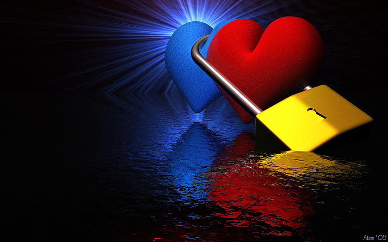 blue and red heart, valentines day, 3d, love, heart, colour, abstract, HD wallpaper