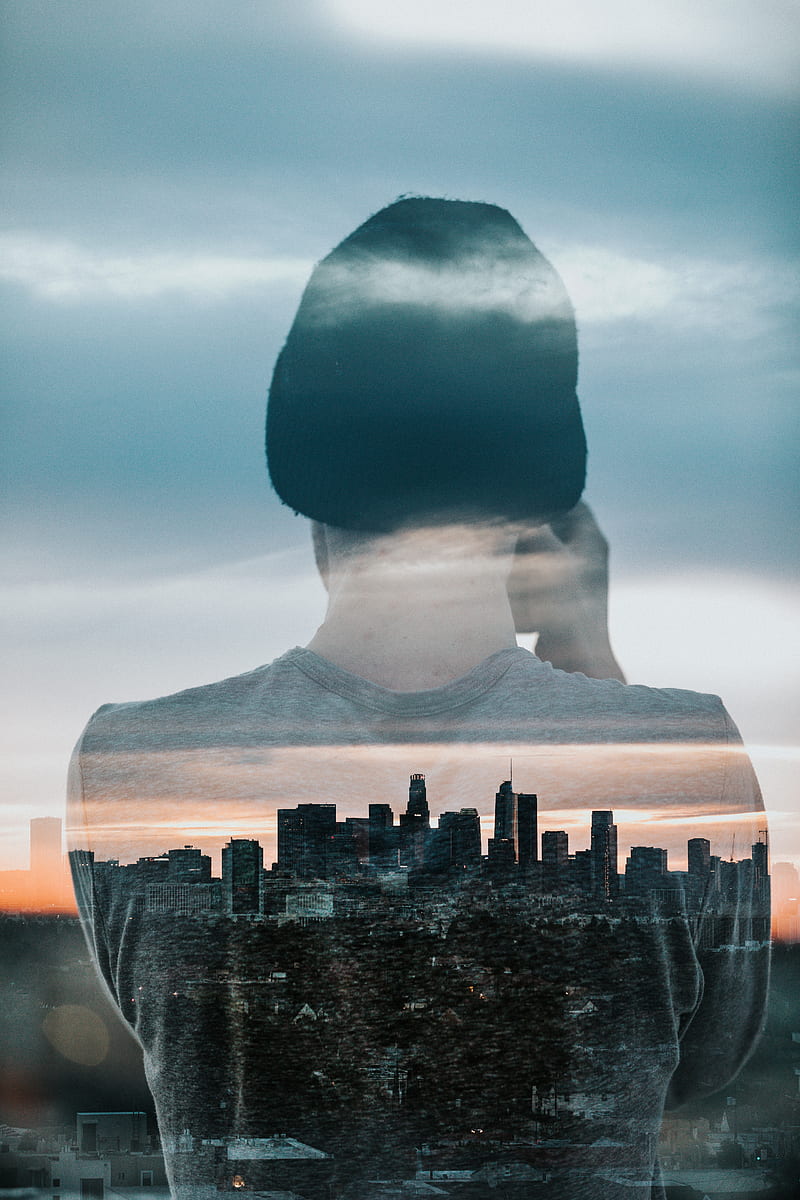 silhouette, city, double exposure, man, buildings, architecture, HD phone wallpaper