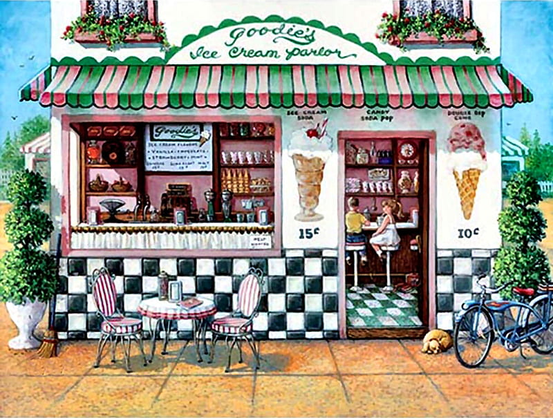 Goodie's Ice Cream Parlor, architecture, art, ice cream, bonito, illustration, artwork, parlor, painting, wide screen, scenery, HD wallpaper