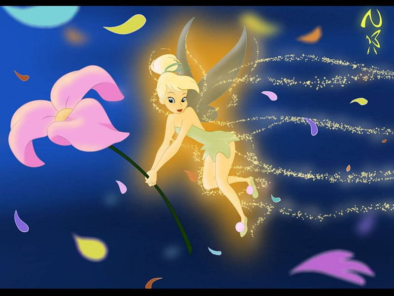 Fairy Tinker Bell, pink flower, peter pan, tinkerbell fairy, golden glow, flying, HD wallpaper