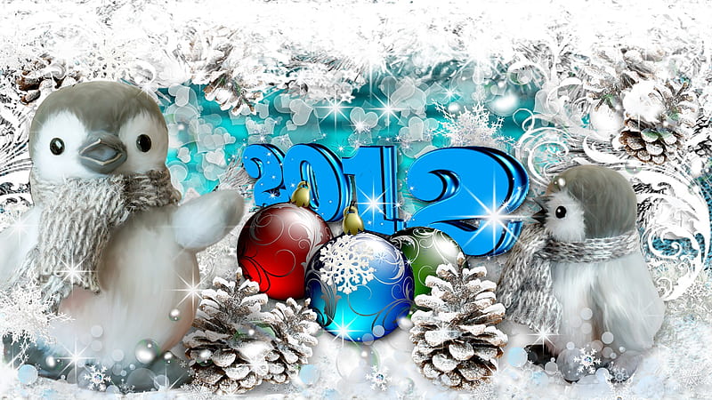 Penguins 2012, feliz navidad, christmas, penguin, happy new year, winter, cute, snow, snowflakes, pinecones, HD wallpaper