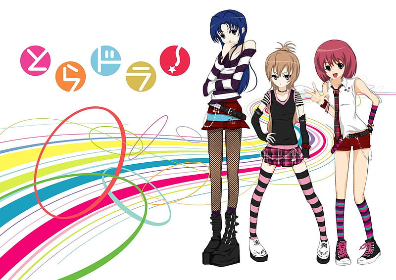 Toradora, minori kushieda, colorful, stripes, schoolgirls, ami kawashima, thighhighs, kneesocks, taiga aisaka, HD wallpaper