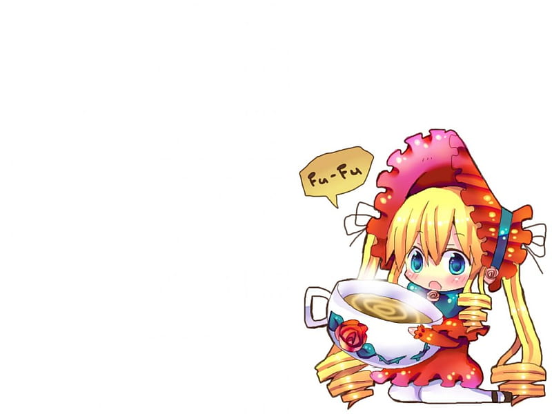 Hot Tea, pretty, yellow, adorable, rozen maiden, tea, sweet, nice, anime, anime girl, long hair, lovely, twintail, gown, blonde, chibi, cute, cup, white, hood, shinku, red, dress, blond, twin tail, female, blonde hair, twintails, plain, twin tails, blond hair, kawaii, girl, simple, HD wallpaper