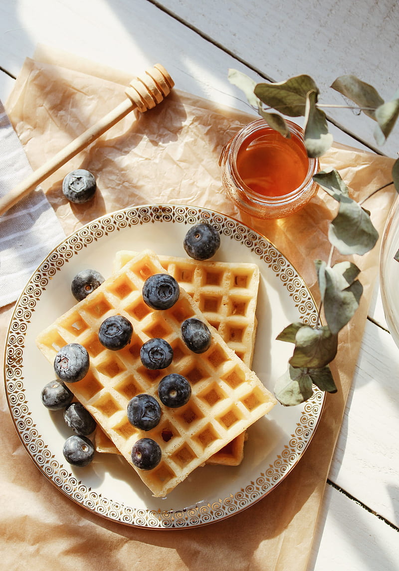 viennese waffles, blueberries, berries, honey, HD phone wallpaper