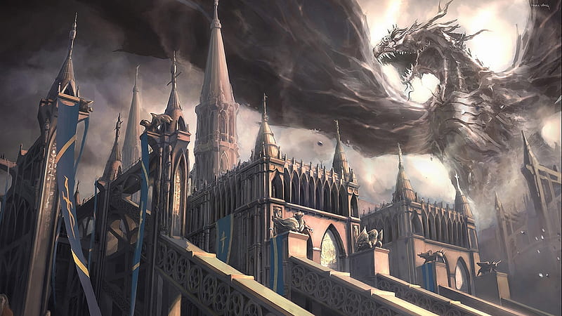 Fantasy Black Dragon Is Sitting On A Castle Dreamy, HD wallpaper