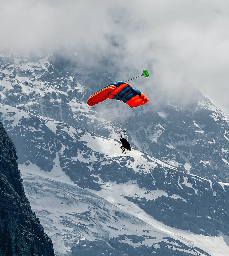 paraglider, parachute, mountains, snow, snowy, HD phone wallpaper