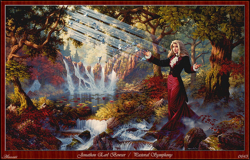 Pastoral Symphony, forest, bird, sunlight, waterfall, woman, HD wallpaper