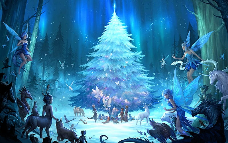 Fairy Christmas, painting, tree, snow, animals, HD wallpaper