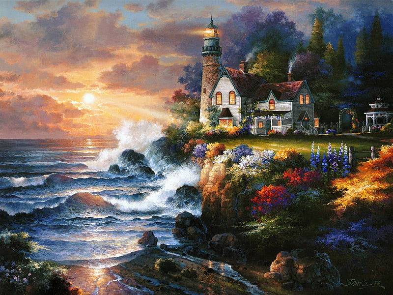 Twilight Beacon, sunset, house, wave, lighthouse, HD wallpaper