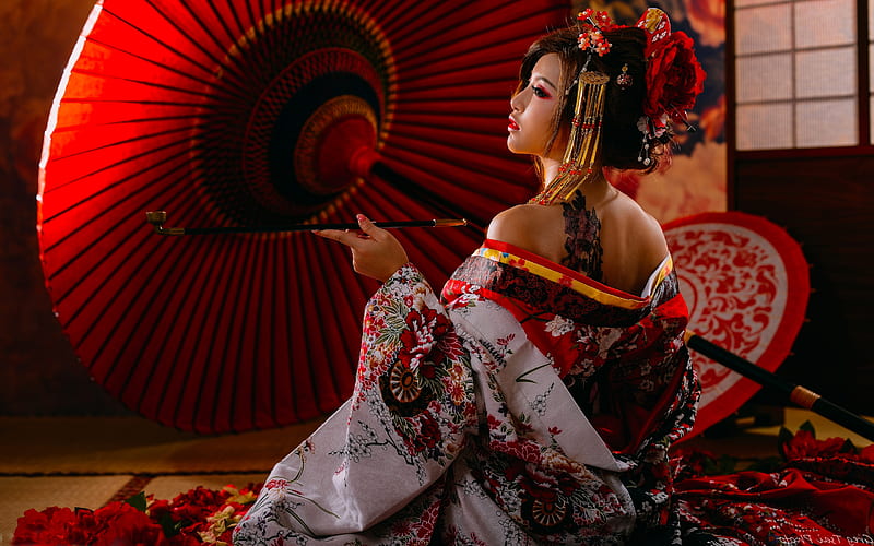 Culture of Japan, digital, kimono, woman, pretty, art, geisha, graphy, fantasy, girl, parasol, HD wallpaper