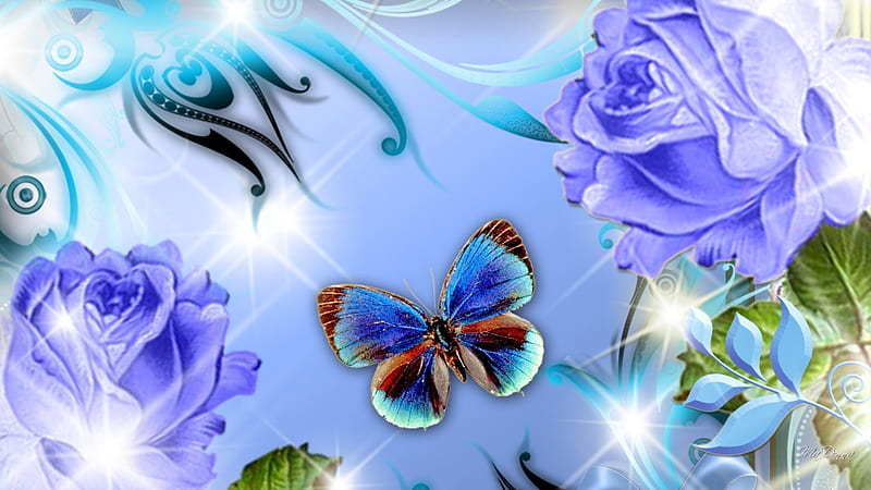 Lavender Roses, stars, shine, butterflies, spring, lavender, roses, sparkle, summer, flowers, blue, HD wallpaper