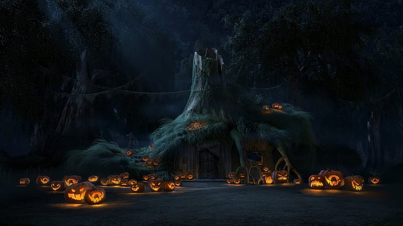 Spooky Forest House, house, jack o lanterns, tombstones, trees, door, tree, graves, spooky, Halloween, pumpkins, HD wallpaper