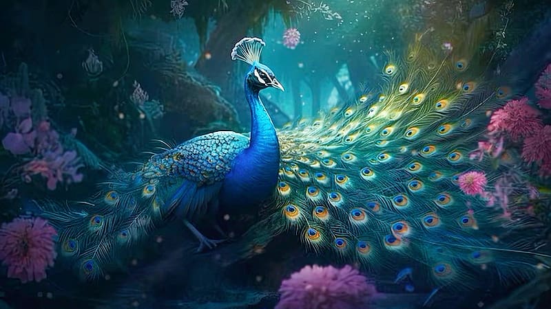 Peacock Displaying Beautiful Plumage, art, feathers, bird, digital, colors, ai, HD wallpaper