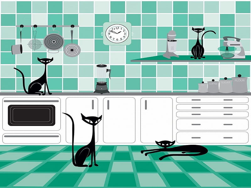 Time For Lunch, cabnets, checkerboard, turquoise, floor, oven, kitchen, cats, HD wallpaper