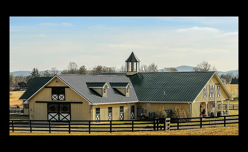 Horse Stables, Yellow, Fence, Horses, Stables, HD wallpaper