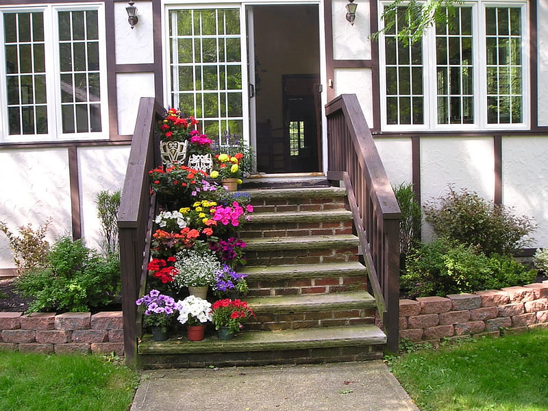 The back steps, gardens, summer, flowers, brecksville, HD wallpaper