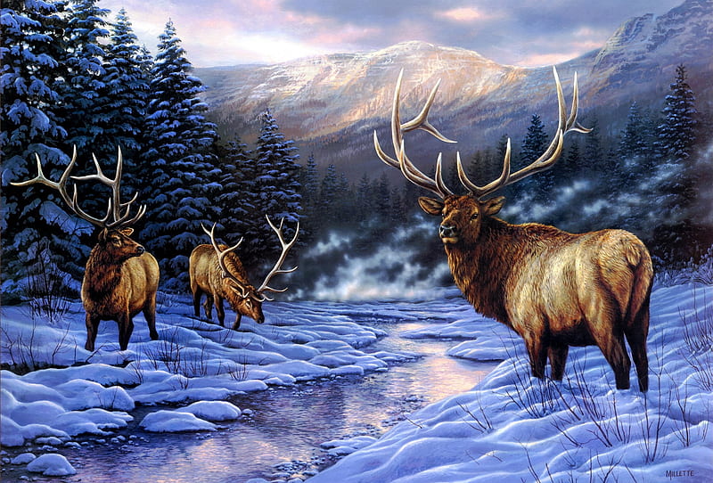 Deers, art, luminos, rosemary millette, deer, animal, horns, winter, snow, painting, pictura, HD wallpaper