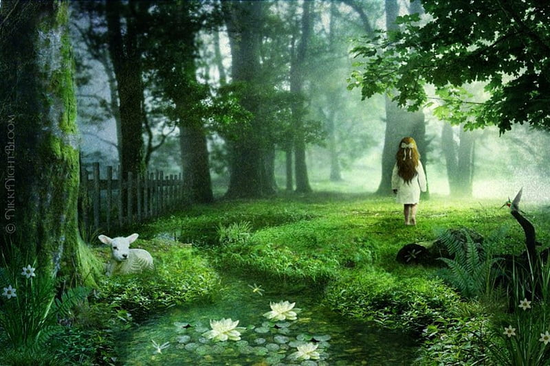 Bo Peep, forest, fantasy, child, abstract, HD wallpaper
