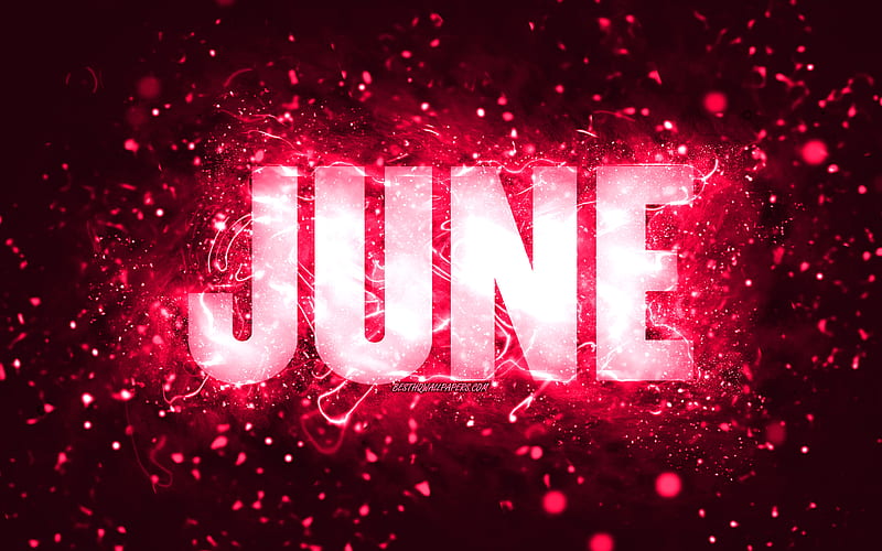 Happy Birtay June, pink neon lights, June name, creative, June Happy Birtay, June Birtay, popular american female names, with June name, June, HD wallpaper
