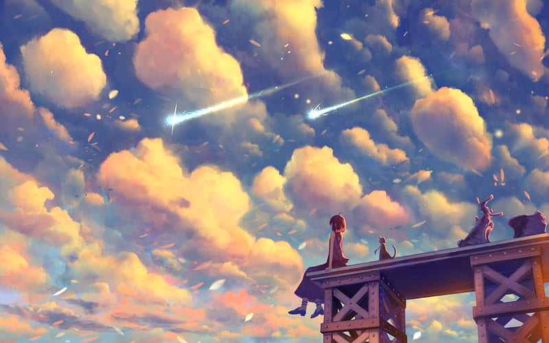 Comets, cloud, bou nin, luminos, manga, cat, sky, girl, anime, pink ...