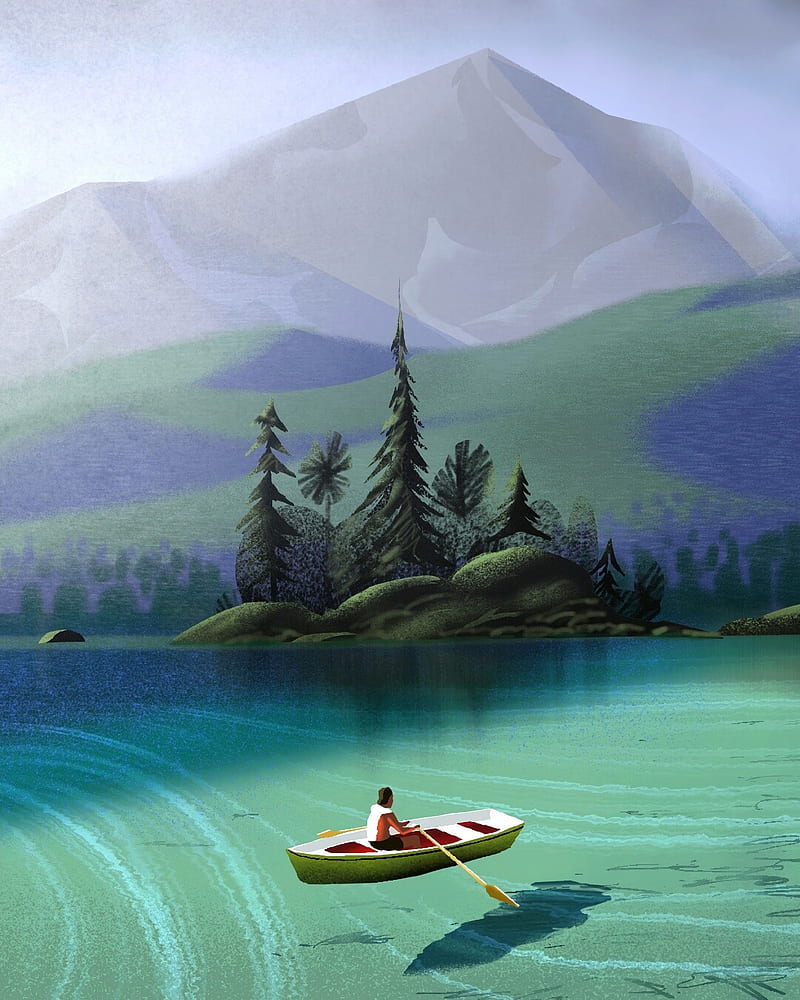man, boat, sea, island, art, HD phone wallpaper